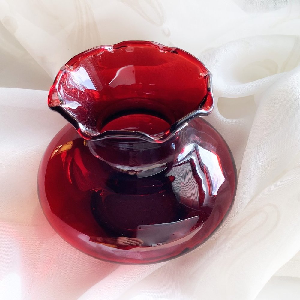 Vintage Handblown Glass Vase Garnet Red Small Ruffled Edge Hand Blown